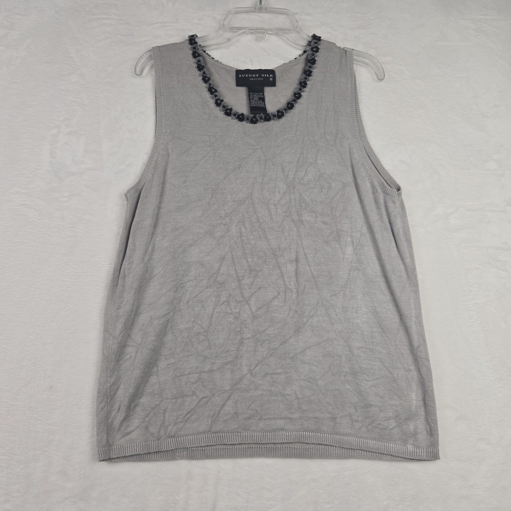 August Silk Petites‎ Womens Gray Silk Sleeveless Shirt Gray Black Floral Neck